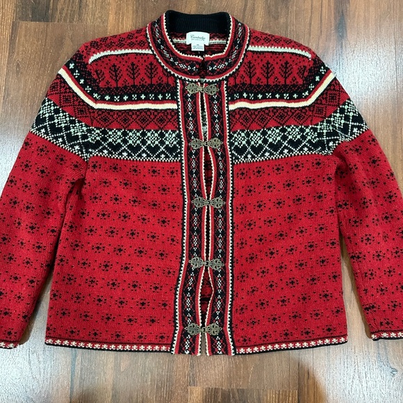Cambridge Dry Goods Sweater Cardigan 100% Wool Hook Latch Closure Fair Isle M - Picture 1 of 8